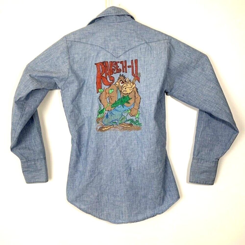 VTG Big Smith Men's 60s 70s Chambray Pearl Snap Custom Art Western Shirt Sz 36